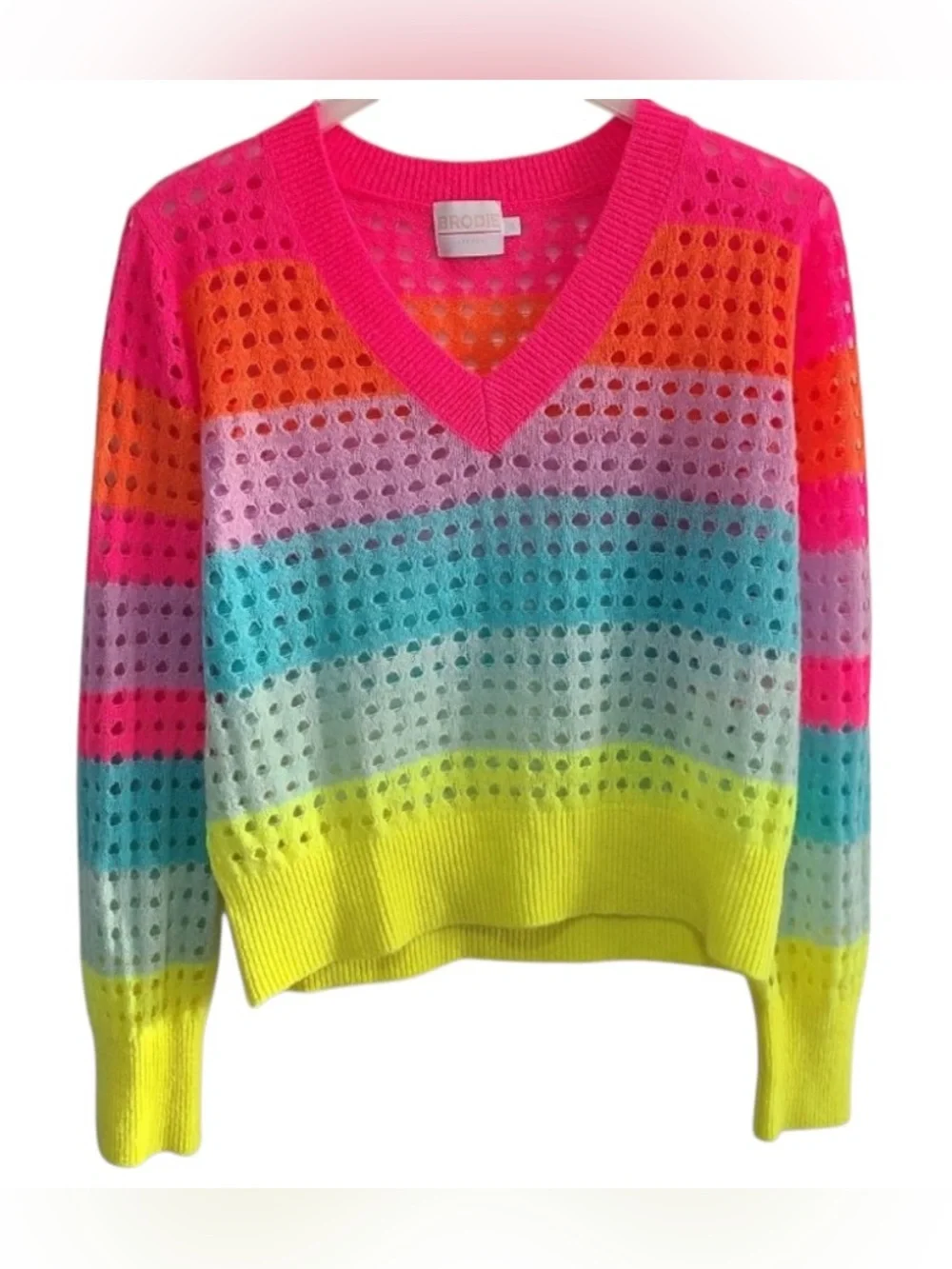 Brodie Cashmere Rainbow Stripe pointelle V Neck Sweater - Picture 2 of 8